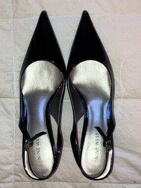 Nine West Black Patent Leather kitten heel sling back pumps